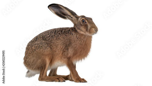 Brown hare with long ears standing on white