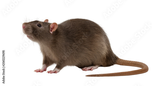 Foto Brown rat with whiskers and pink ears looking up