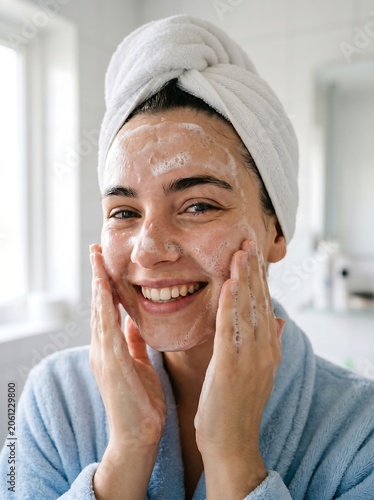 Young woman with a towel on her head washing her face in the bathroom.