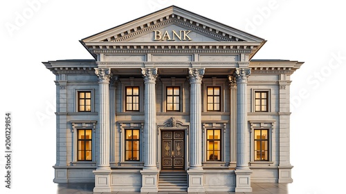 Classic bank building with illuminated windows and grand neoclassical architecture