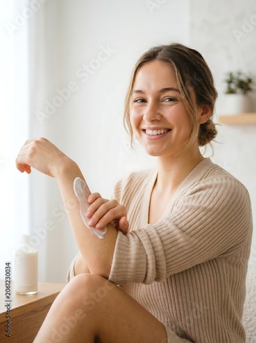 Young woman applying moisturizing lotion to her arm while smiling at home.