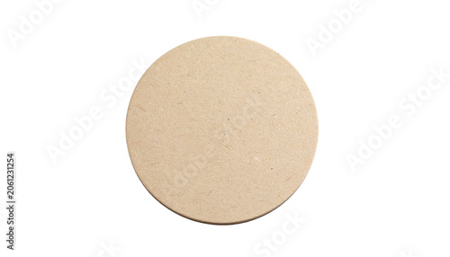Blank round cardboard coaster isolated on white background, top view. Empty beer mat for drink