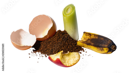 Fotografie Eggshells coffee grounds leek apple slice, and banana peel