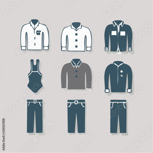 Flat vector icons of various clothing items including shirts sweaters and pants