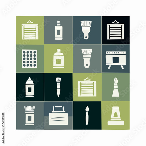 Graphic design elements featuring construction tools and clipboard icons on green and grey grid