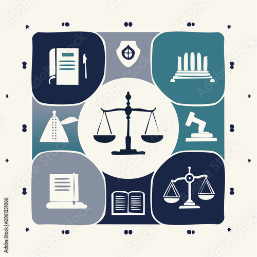Legal and justice concept collage with scales of law symbol