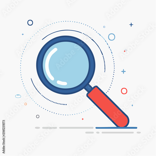 Magnifying glass search icon with abstract geometric elements for web design and app interface