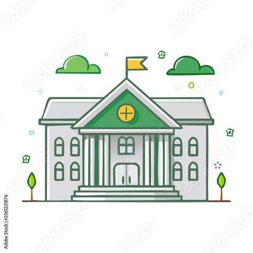 Minimalist vector illustration of a public building with classical columns and a flag on the roof