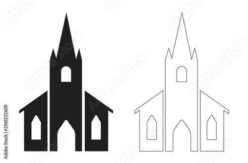 Schilderij op canvas Black church silhouette and outline  featuring a gothic building with a tall ste