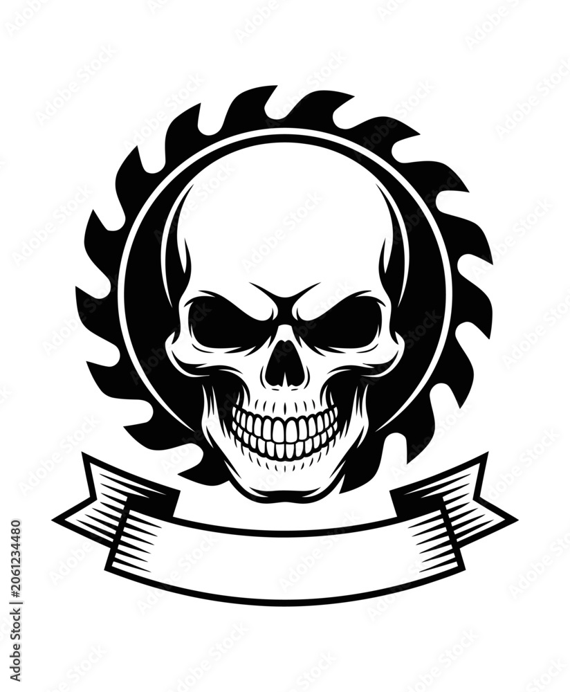 Fototapeta premium Aggressive skull with circular saw blade and blank ribbon banner vector art