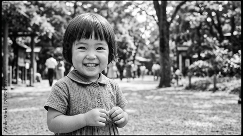 Fototapeta 昭和の日本人女性：昭和40年代の公園で天真爛漫な笑顔を見せる、おかっぱ頭の女児のモノクロポートレート