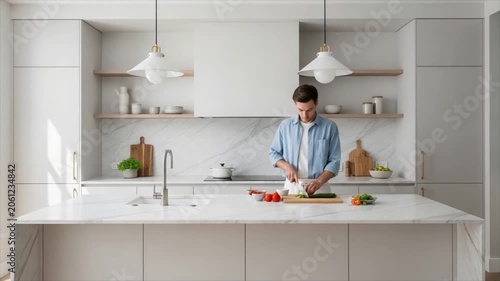 Modern Kitchen Culinary Scene A man in a light blue shirt prepares fresh ingredients at a pristine white island in a sleek, contemporary kitchen with soft natural light illuminating the scene
