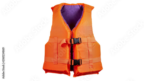 Canvas Print Orange life vest with purple lining and black buckles