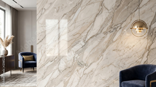 Elegant Modern Living Room Featuring a Seamless Marble-Texture Feature Wall for Sophisticated Interior Design.