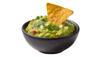 Fresh guacamole in dark bowl with tortilla chip and cilantro