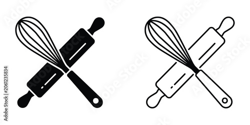 Fotografie Cooking and baking utensils icon set featuring whisk and rolling pin, culinary