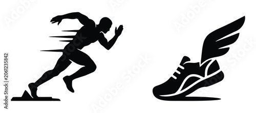 Картината върху платно Running and athletics icon set with sprinter silhouette shoe sole and finish line runner