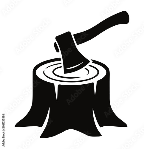 Axe Embedded In A Tree Stump Silhouette Icon. Axe in tree stump icon set in outline, solid, and hand-drawn styles. Deforestation and woodcutting concept