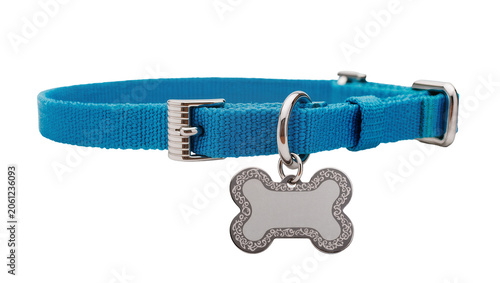 Fotografie Blue fabric dog collar with silver metal buckle and bone-shaped tag