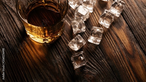 Top View Whiskey Glass With Ice Cubes On Dark Wooden Table