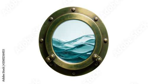 Round brass porthole window with ocean waves view