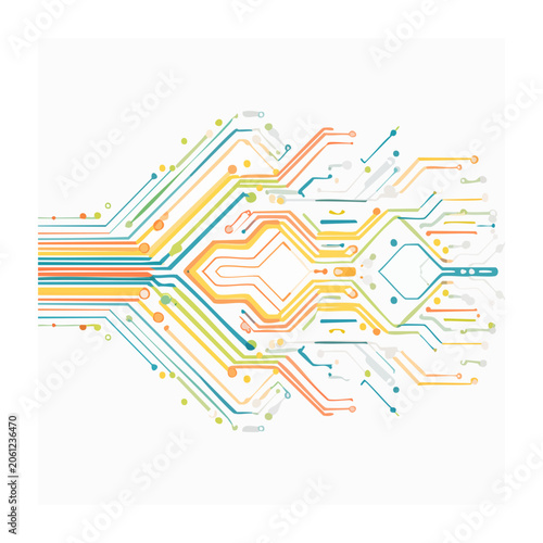 Flat design circuit board with colorful connections