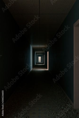 Dark Hallway With Distant Glowing Doorway And Dramatic Shadows