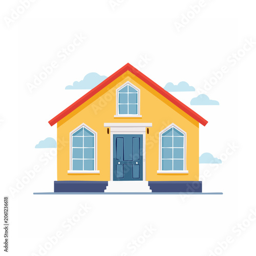Flat design yellow house with blue windows