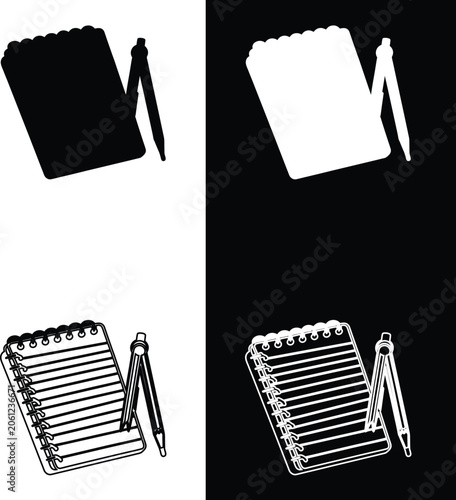 Minimalist Linear Vector Icons of a Spiral Notebook and Drafting Compass Tool