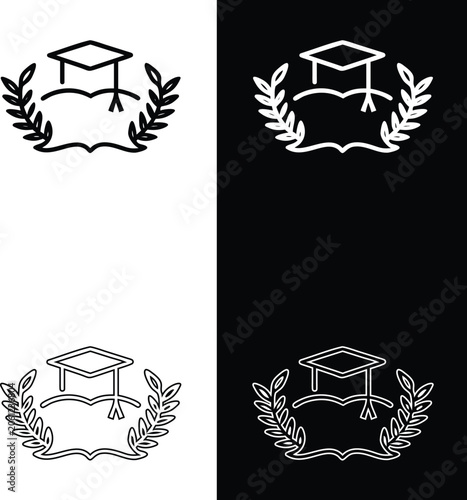 Minimalist Linear Vector Icon Featuring A Graduation Cap With An Open Book And Laurel Wreath