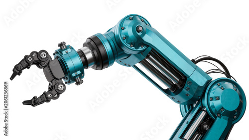 Obraz na płótnie Turquoise robotic arm with gripper and hydraulic cylinders