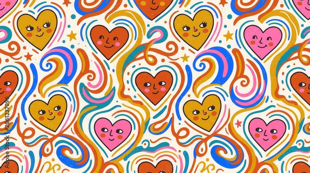 Naklejka premium Many smiling hearts mix with bright, wavy lines and small stars forming a playful, retro design
