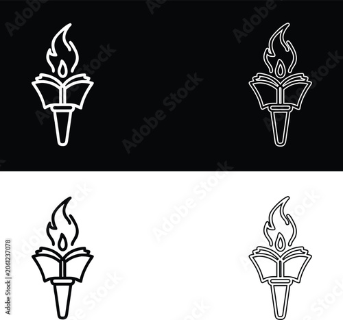 Minimalist Linear Vector Icon Of A Burning Torch Combined With An Open Book Symbolizing Knowledge