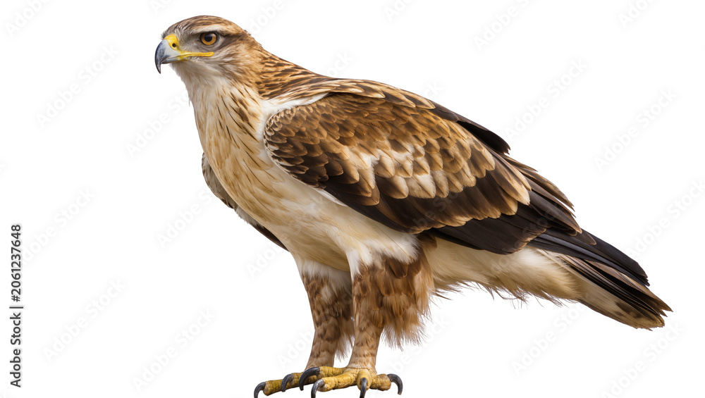 Fototapeta premium Brown eagle with sharp yellow beak and talons standing