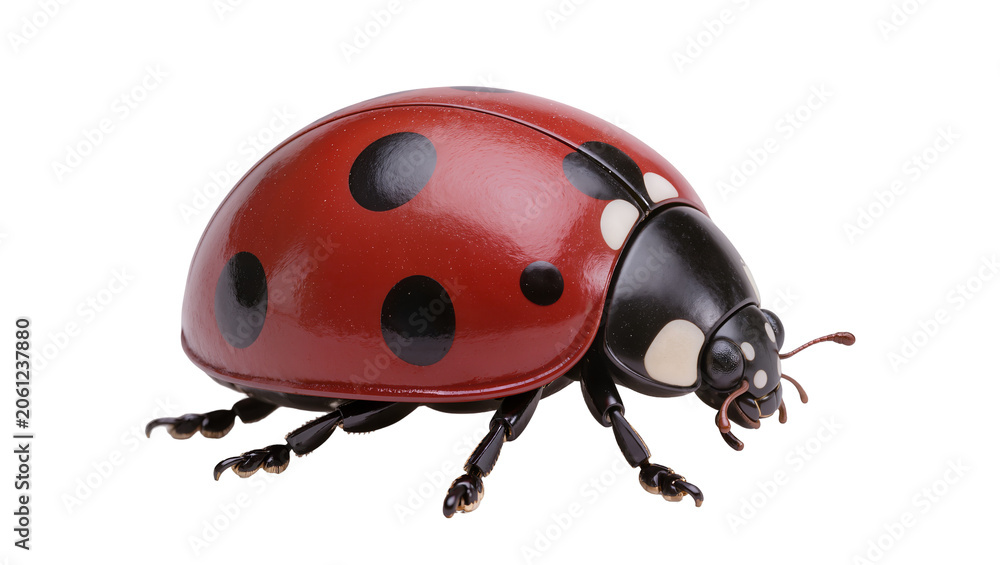 Fototapeta premium Red ladybug with black spots on white