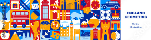 England Typography Geometric Seamless Pattern and Banner with Culture Icons, Food, Mosaic Elements