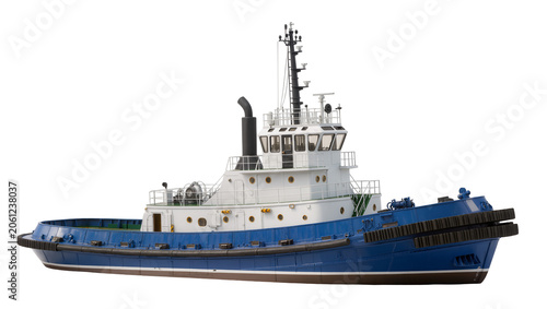 Quadro su tela Blue and white tugboat with black smokestack and antenna mast
