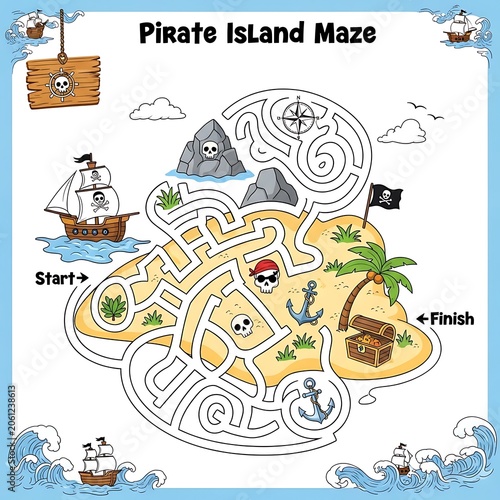 Colorful pirate themed maze game illustration.