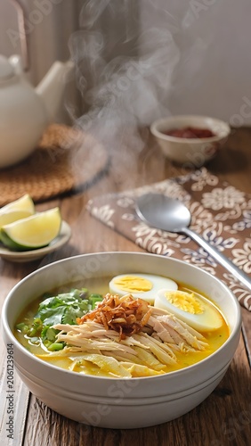 Delicious steaming bowl of chicken noodle soup with boiled eggs, fresh lime, and crispy fried onions, a comforting and savory meal