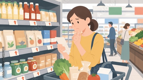 A woman looking concerned about rising prices while checking her shopping list in a grocery store, symbolizing inflation and household budget challenges.