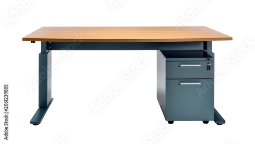 фотографія Modern adjustable height desk with wooden top and grey drawers