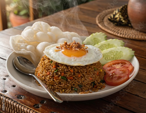 Delicious Traditional Southeast Asian Fried Rice Topped with a Sunny-Side-Up Egg and Served with Fresh Vegetables and Crackers