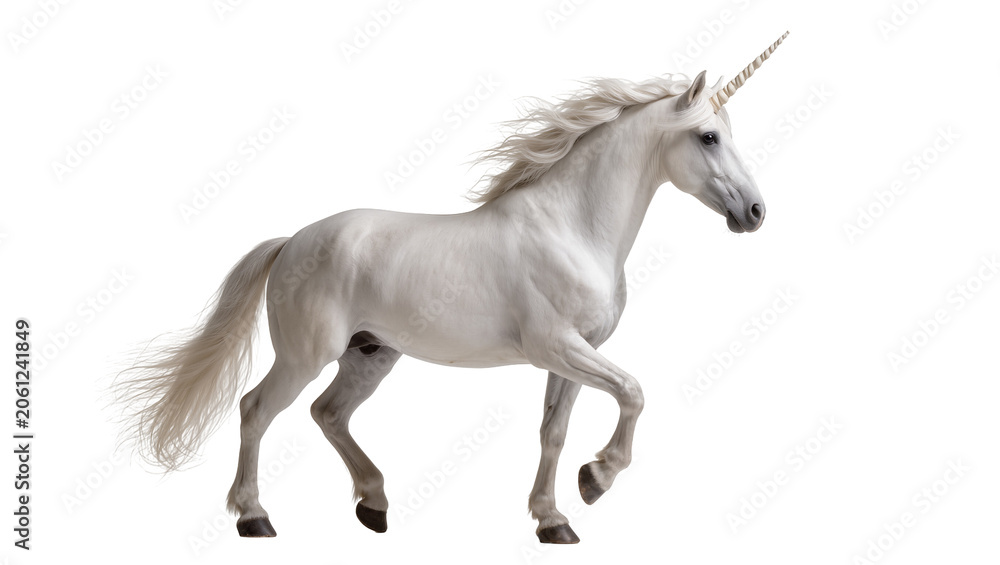 Fototapeta premium White unicorn with flowing mane and tail, spiraled horn
