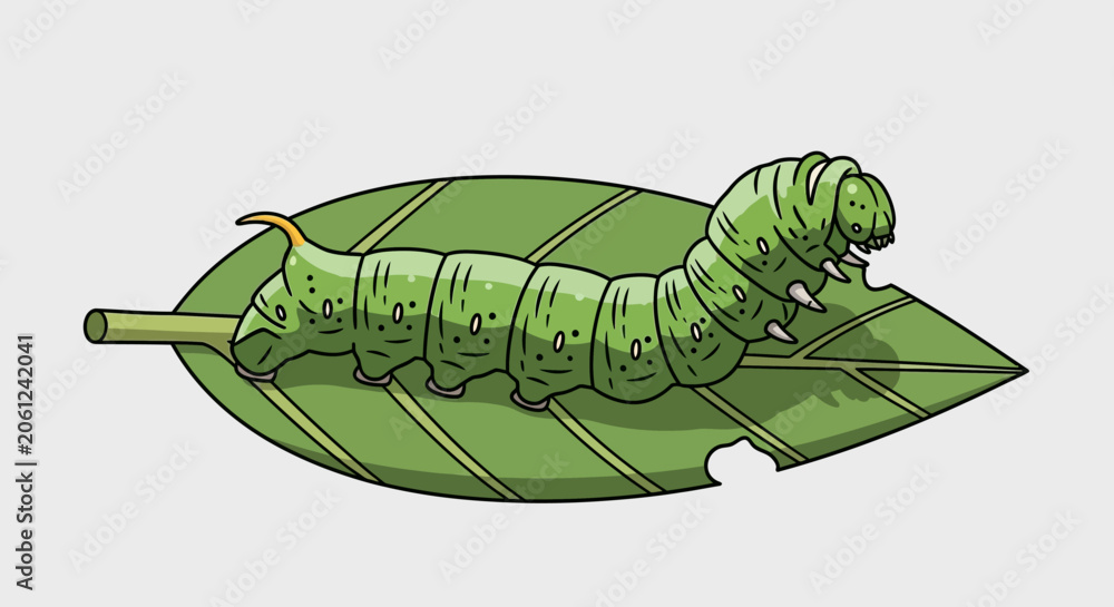 Εκτύπωση καμβά Green Caterpillar Eating Leaf, Insect Life Cycle, Nature Illustration