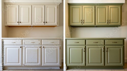 Before and after kitchen cabinet painting transformation from old white to modern olive green