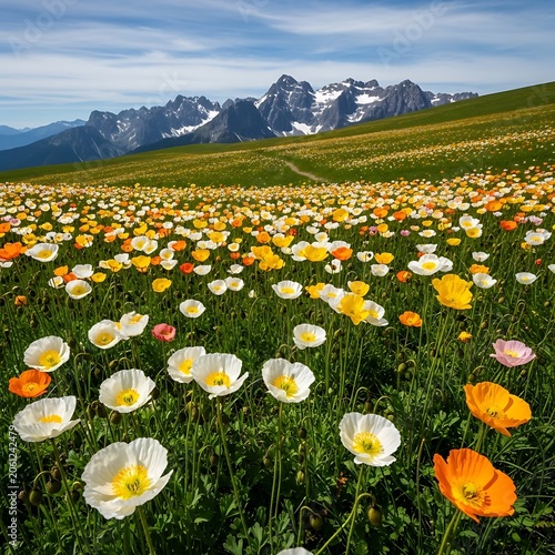 Colorful spring wildflowers blooming in meadow.