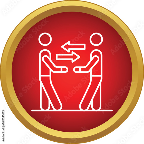 Two outline figures with opposing arrows symbolizing communication, exchange, and interaction