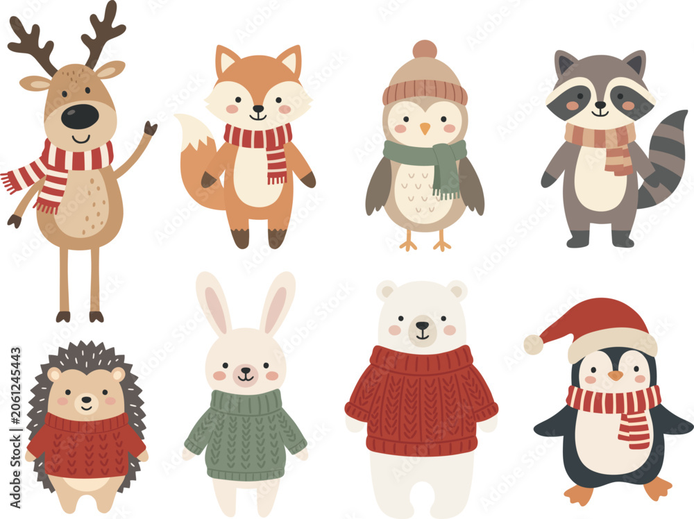 Naklejka premium Christmas cute winter animal clipart set with reindeer, fox, owl, raccoon, hedgehog, bunny, bear, penguin on white background