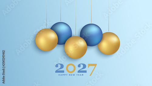 2027 Happy New Year holiday banner with gold and blue colored hanging Christmas Balls. Vector illustration.	