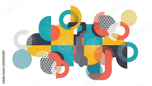 Colorful plastic building blocks scattered on white background.